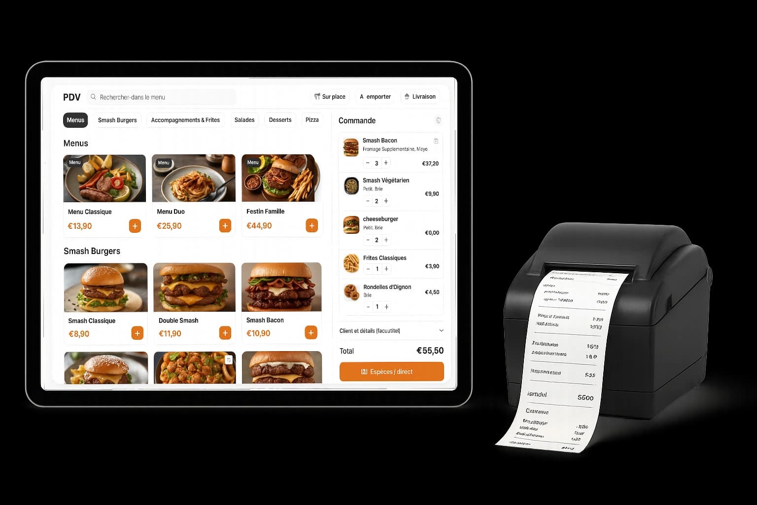 QwikEat sur un iPad, à côté d’une imprimante à tickets