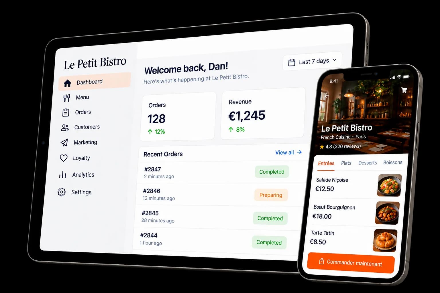 Le tableau de bord QwikEat sur une tablette, avec les commandes et le chiffre d’affaires, à côté d’un client qui commande depuis la carte sur son téléphone