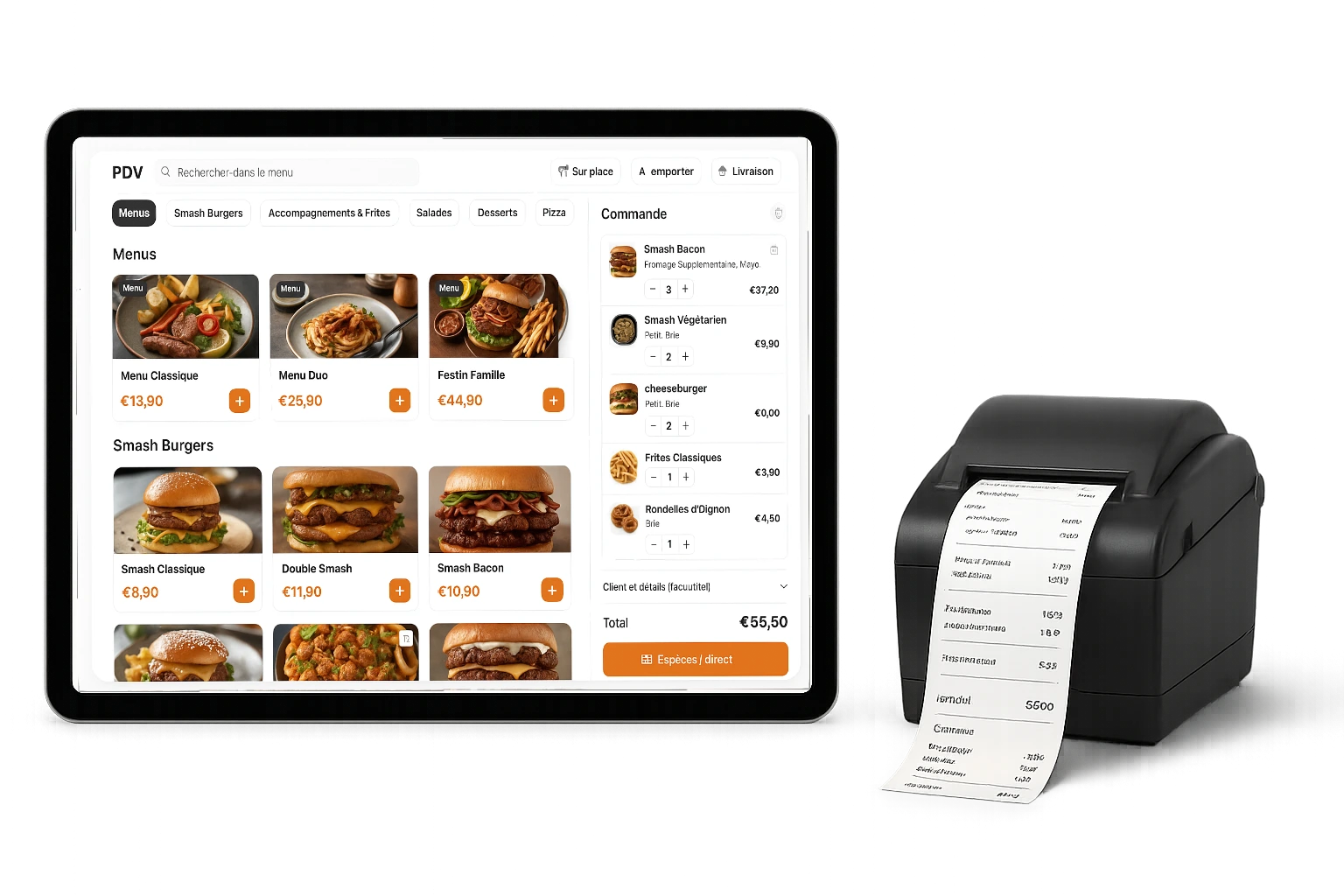 QwikEat sur un iPad, à côté d’une imprimante à tickets
